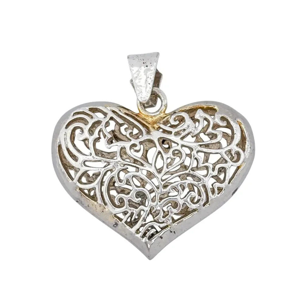 Vintage Sterling Silver 925 Puffy Filigree Heart Pendant